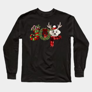 Christmas Joy Dwarf Stocking Reindeer White Maltese Long Sleeve T-Shirt